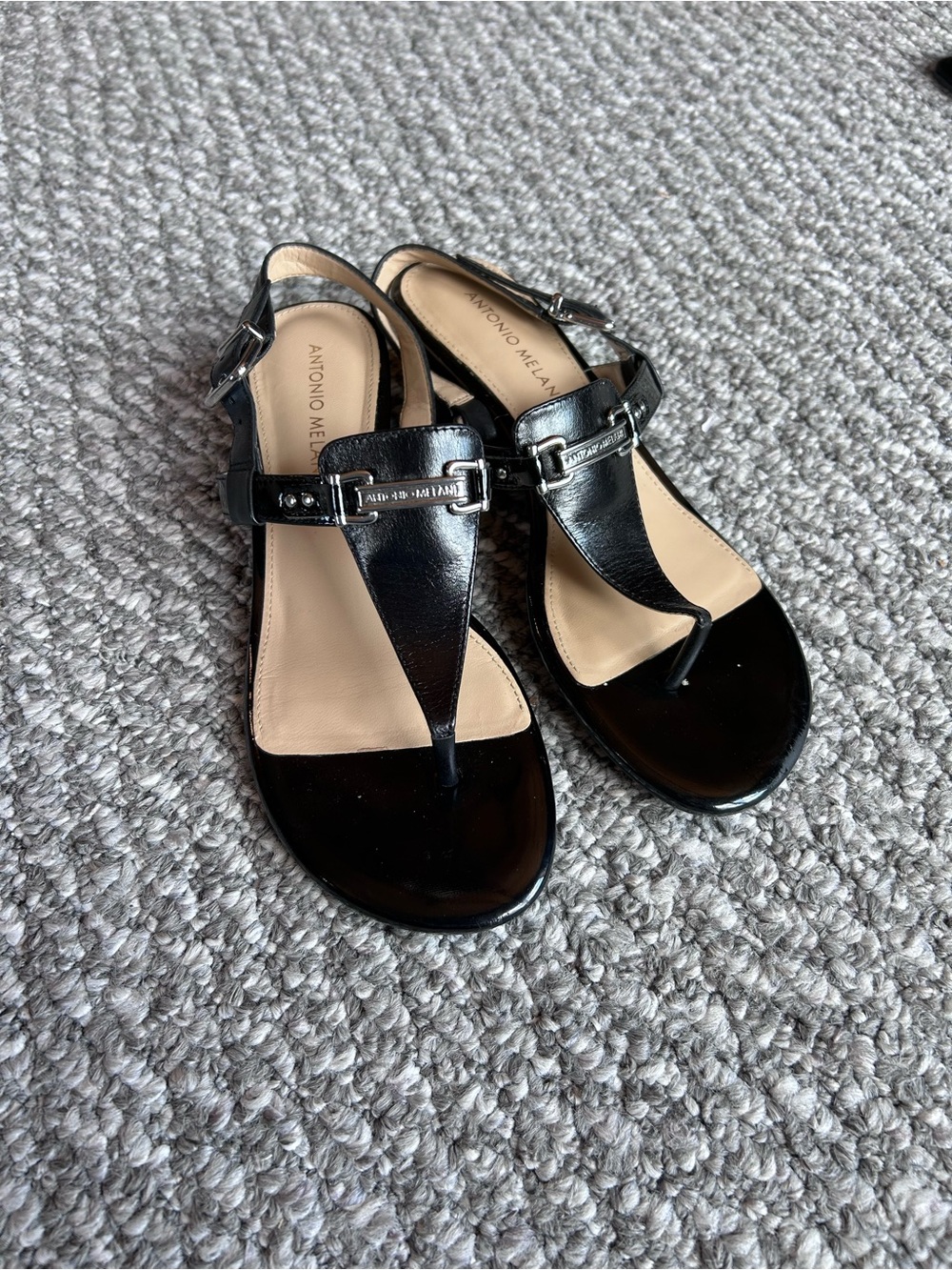 ANTONIO MELANI Black Patent T-Strap Toe-Thong Sandals